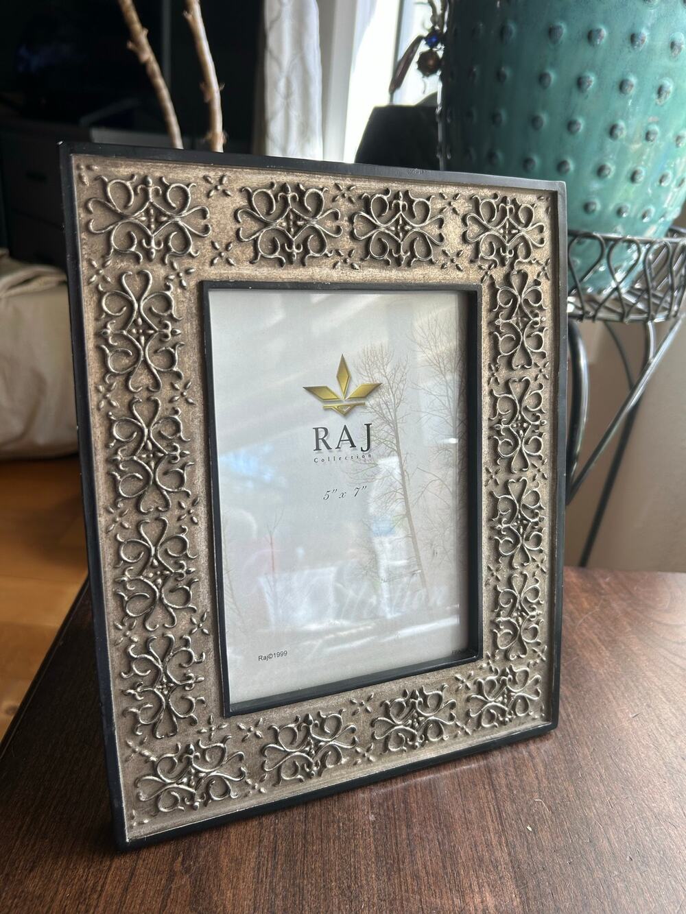 Raj Collection 5" x 7" picture frame ornate embossed antique silver tone pattern